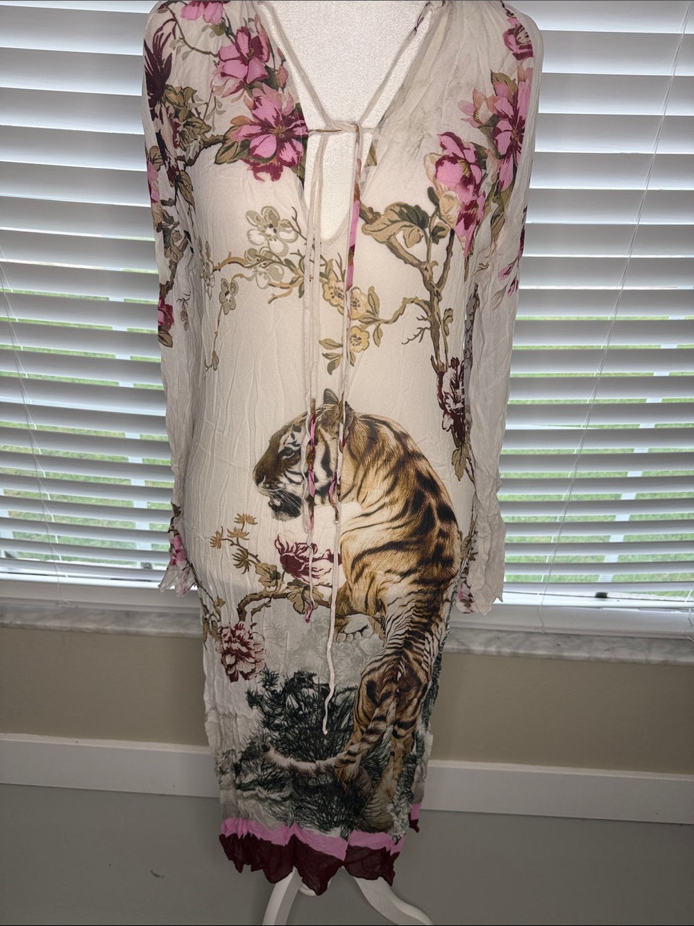 Floral & Tiger Print Boho Tie Front Dress - Cream with Pink Accents